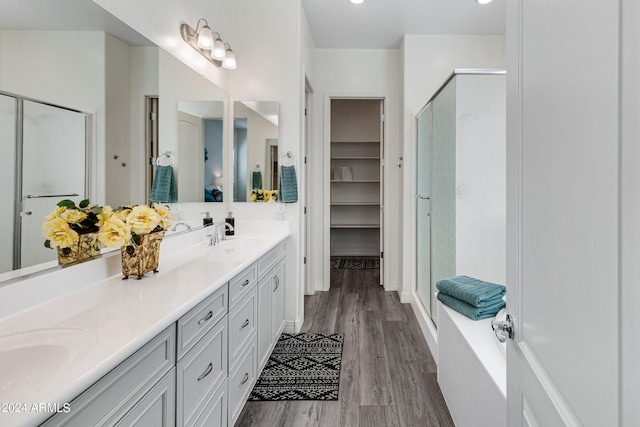 bathroom featuring walk in shower, vanity, and hardwood / wood-style flooring