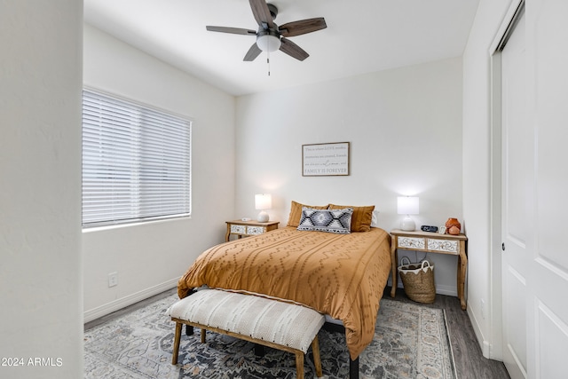 bedroom with wood-type flooring, a closet, and ceiling fan