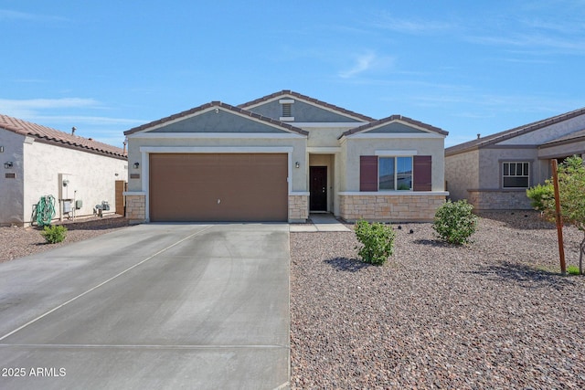 12731 W Myrtle Ave, Glendale, AZ 85307 - ranch-style home with stucco siding, stone siding, concrete driveway, and a garage