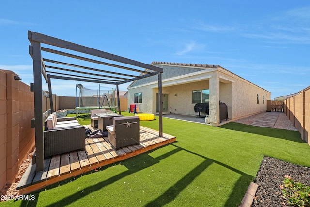 12731 W Myrtle Ave, Glendale, AZ 85307 - fenced backyard with a trampoline, a pergola, a patio, and an outdoor hangout area