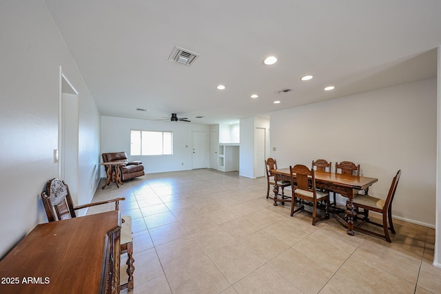 dining room with light tile patterned floors, recessed lighting, and ceiling fan