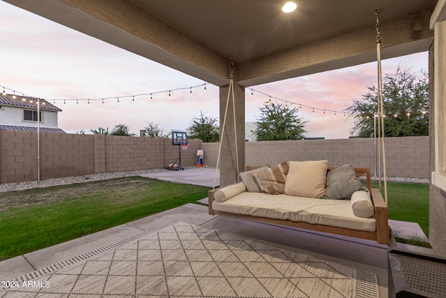 view of patio featuring visible vents, an outdoor living space, and a fenced backyard