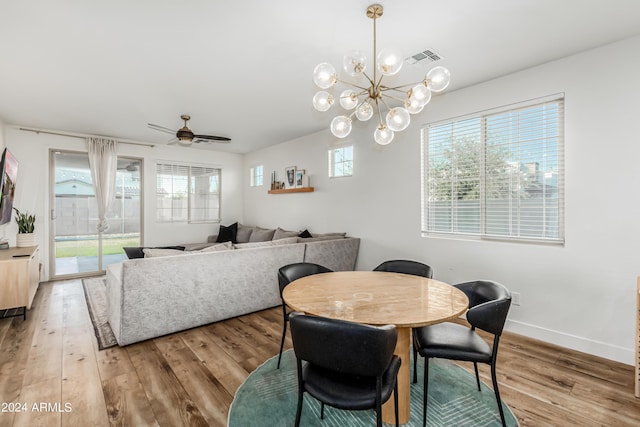 dining space with visible vents, light wood-style flooring, baseboards, and ceiling fan