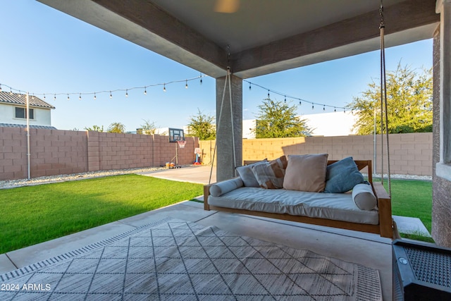 view of patio featuring an outdoor hangout area and a fenced backyard