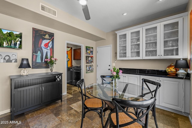 10429 N 101st St, Scottsdale, AZ 85258 - dining room featuring baseboards, recessed lighting, dark stone finish flooring, and a ceiling fan