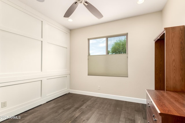 5754 N Aztec Dr, Eloy, AZ 85131 - unfurnished bedroom with dark wood-style floors, baseboards, recessed lighting, and ceiling fan