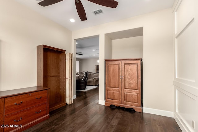 5754 N Aztec Dr, Eloy, AZ 85131 - bedroom featuring dark wood-type flooring, baseboards, recessed lighting, and ceiling fan