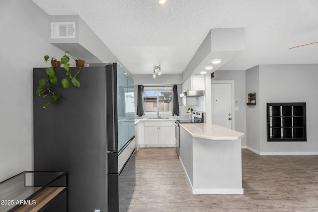 kitchen with appliances with stainless steel finishes, light wood-style flooring, white cabinets, under cabinet range hood, and visible vents