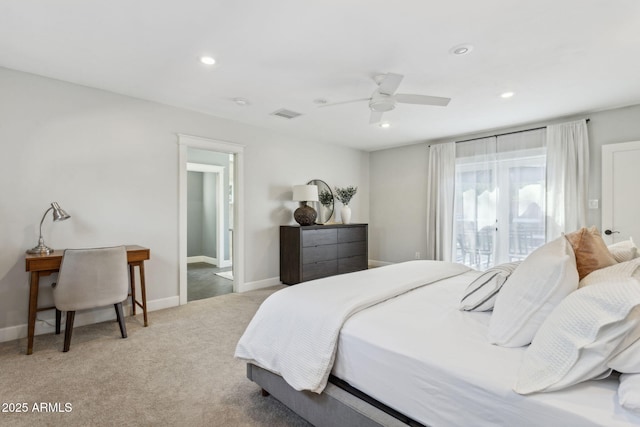 bedroom with visible vents, baseboards, ceiling fan, light carpet, and recessed lighting