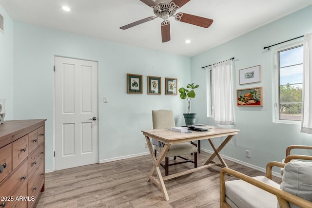 3420 N Kachina Ln, Scottsdale, AZ 85251 - office area featuring light wood-style flooring, ceiling fan, baseboards, and recessed lighting