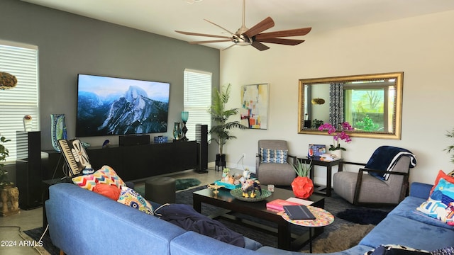 living room featuring ceiling fan