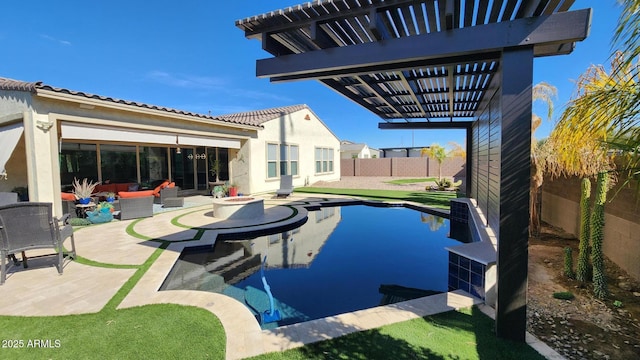 view of swimming pool with outdoor lounge area, a pergola, and a patio area