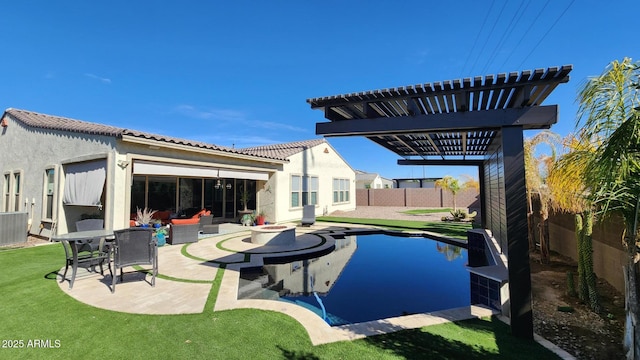 rear view of property featuring a pergola, a yard, an outdoor hangout area, and a patio area