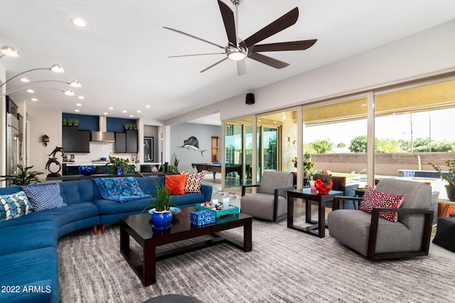 living room with ceiling fan