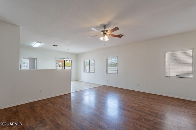 14244 N 132nd Ln, Surprise, AZ 85379 - unfurnished room with baseboards, visible vents, wood finished floors, and ceiling fan with notable chandelier