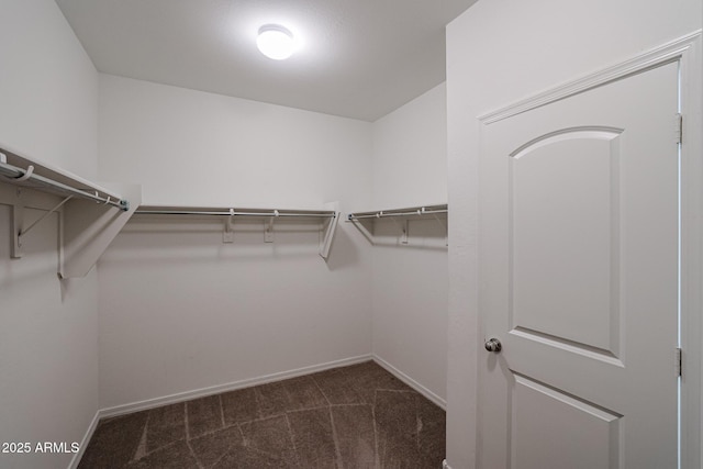 spacious closet featuring dark colored carpet