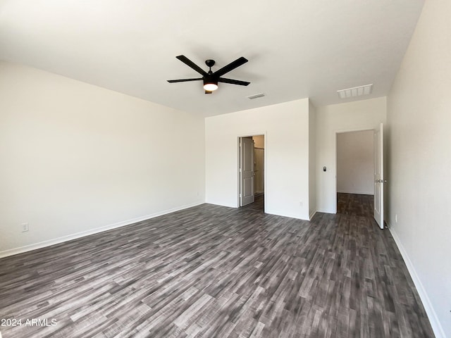 unfurnished bedroom with dark wood-type flooring and ceiling fan