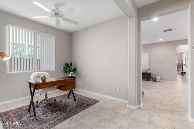 tiled home office with ceiling fan, visible vents, baseboards, and recessed lighting