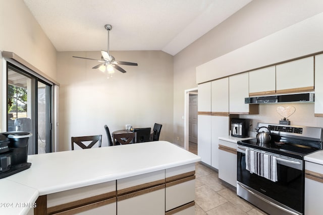 kitchen with white cabinetry, ceiling fan, lofted ceiling, stainless steel electric stove, and exhaust hood