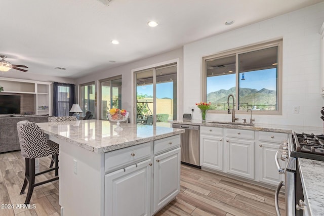 kitchen with a mountain view, white cabinetry, sink, and appliances with stainless steel finishes