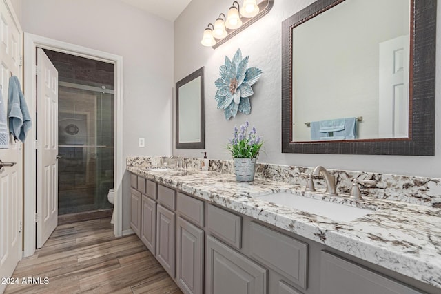 bathroom featuring wood-type flooring, vanity, toilet, and a shower with door