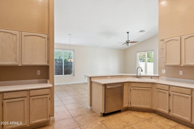 5010 W Ivanhoe St, Chandler, AZ 85226 - kitchen featuring dishwasher, a sink, light brown cabinetry, a peninsula, and light countertops