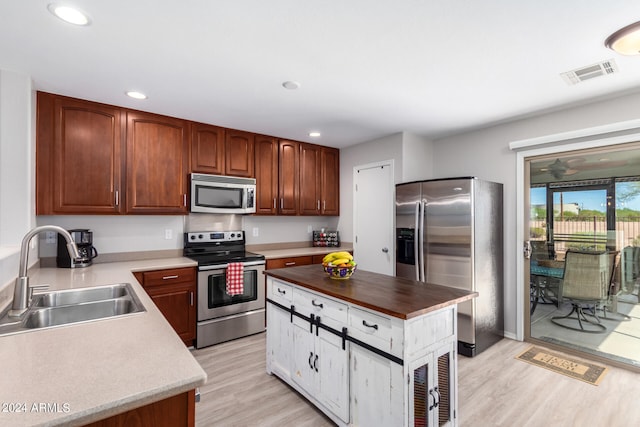 kitchen featuring light wood-type flooring, a center island, appliances with stainless steel finishes, and sink