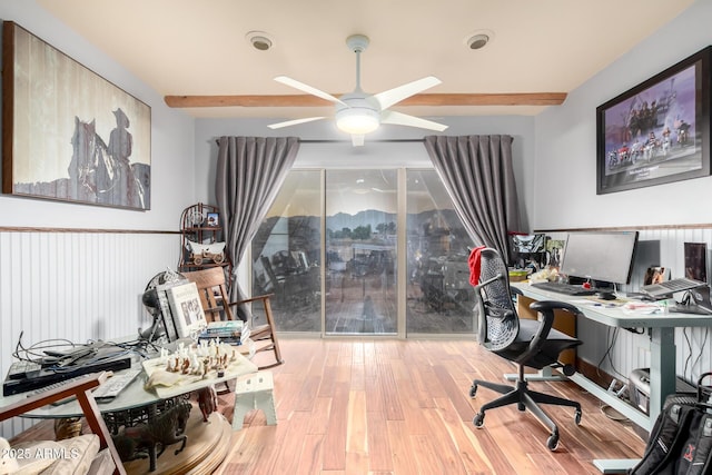 office space with a ceiling fan and wood finished floors