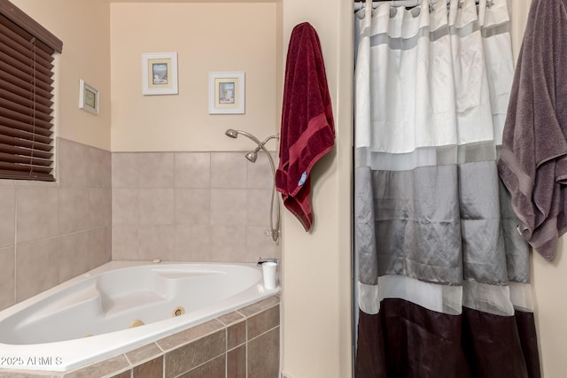 full bathroom featuring a tub with jets, tile walls, and a shower with curtain