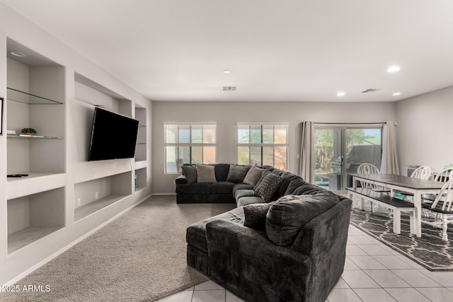 tiled living room with built in features