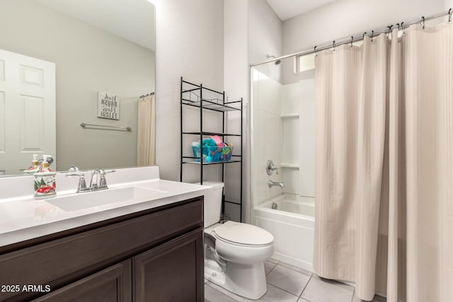 full bathroom with shower / tub combo with curtain, tile patterned floors, toilet, and vanity