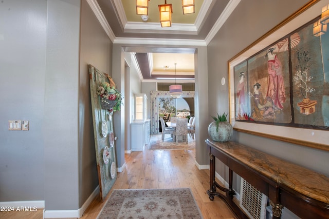 entrance foyer featuring ornamental molding, a tray ceiling, and light hardwood / wood-style floors