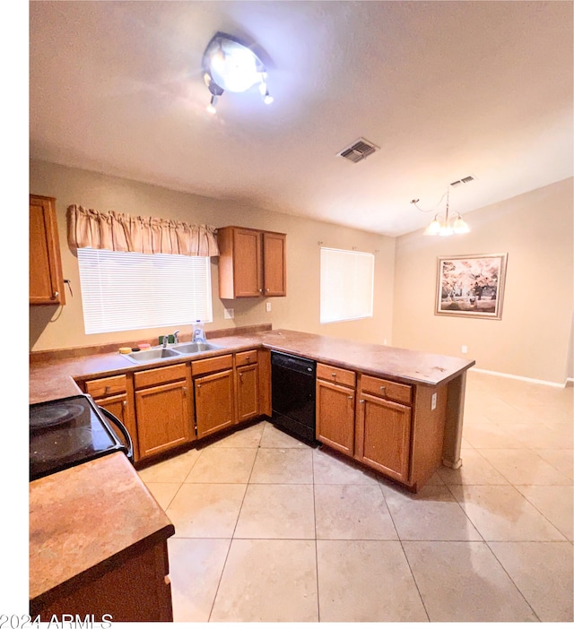 kitchen featuring sink, dishwasher, kitchen peninsula, and stove