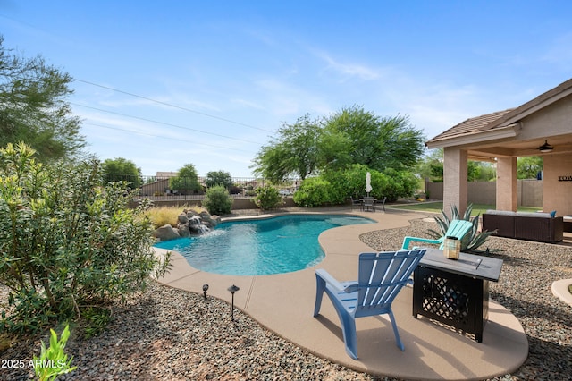 4466 S Brice, Mesa, AZ 85212 - view of pool with a patio, a fenced backyard, outdoor lounge area, and ceiling fan