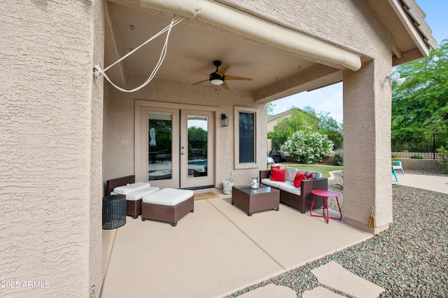 4466 S Brice, Mesa, AZ 85212 - view of patio / terrace featuring french doors, a ceiling fan, fence, and an outdoor living space