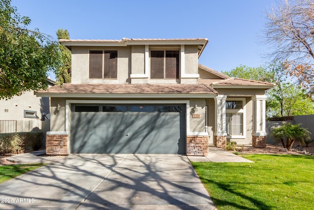 view of front of home with stucco siding, a garage, stone siding, driveway, and a front lawn