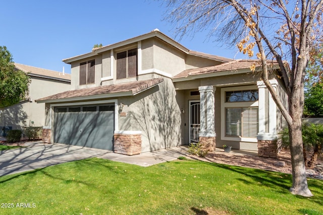 view of front of house with an attached garage, stone siding, concrete driveway, stucco siding, and a front lawn