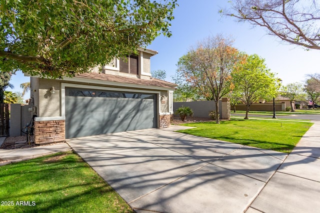 view of front of property featuring stone siding, concrete driveway, fence, and stucco siding