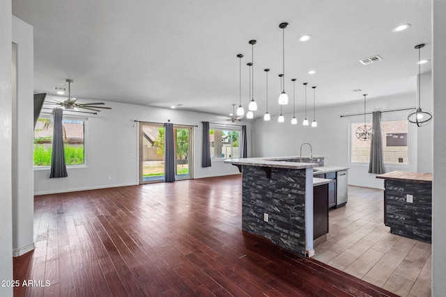 7911 E Posada Ave, Mesa, AZ 85212 - kitchen featuring open floor plan, dark wood finished floors, ceiling fan, and recessed lighting