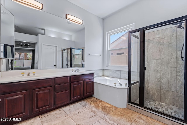 7911 E Posada Ave, Mesa, AZ 85212 - bathroom with a stall shower, a bath, double vanity, and plenty of natural light