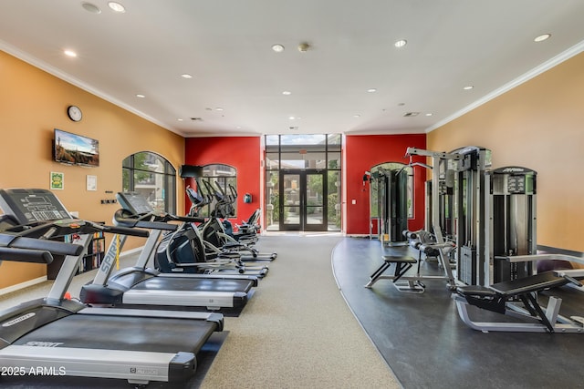 gym with recessed lighting, baseboards, plenty of natural light, and crown molding