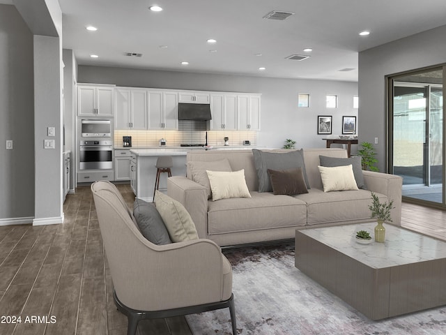 living room with dark hardwood / wood-style flooring