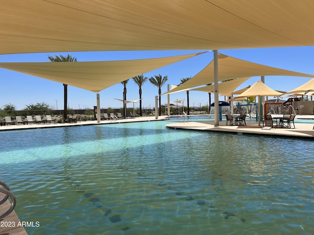 dock area with a patio area and a community pool