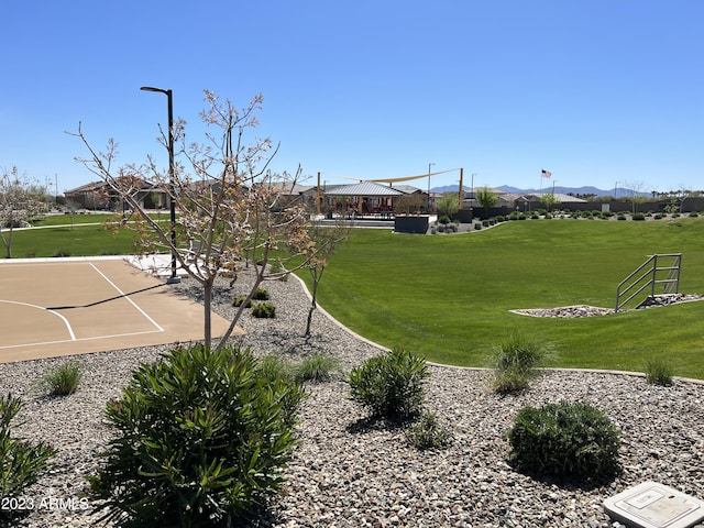 surrounding community featuring a lawn and basketball hoop