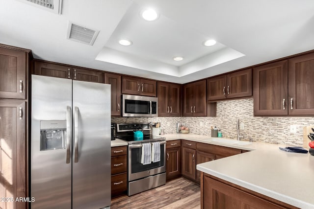 kitchen featuring sink, stainless steel appliances, a tray ceiling, and light hardwood / wood-style floors