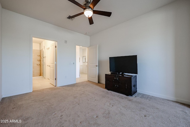unfurnished bedroom with baseboards, carpet, and ceiling fan
