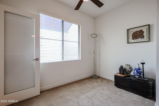 bedroom with baseboards, carpet, and ceiling fan