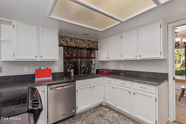 kitchen featuring dishwasher, white cabinetry, and black stove