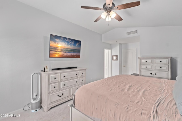 bedroom featuring visible vents, lofted ceiling, light carpet, baseboards, and ceiling fan