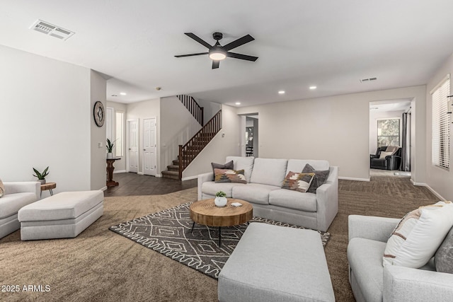 5437 W Red Bird Rd, Phoenix, AZ 85083 - living room featuring stairway, recessed lighting, ceiling fan, and carpet